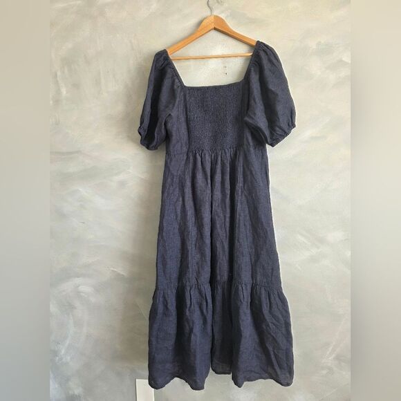 Garnet Hill Europe Linen Puff-Sleeve Midi Dress Chambray Tiered Smock Back Sz L - Picture 2 of 10
